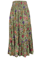Floral patterned cotton skirt on a moss green base with elasticised wasitband.