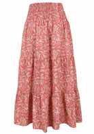 Rose pink based vintage style floral print skirt on a white background.