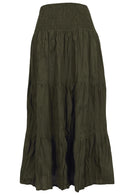 100% cotton olive green flowy maxi skirt with tiers and wide elasticated waistband 