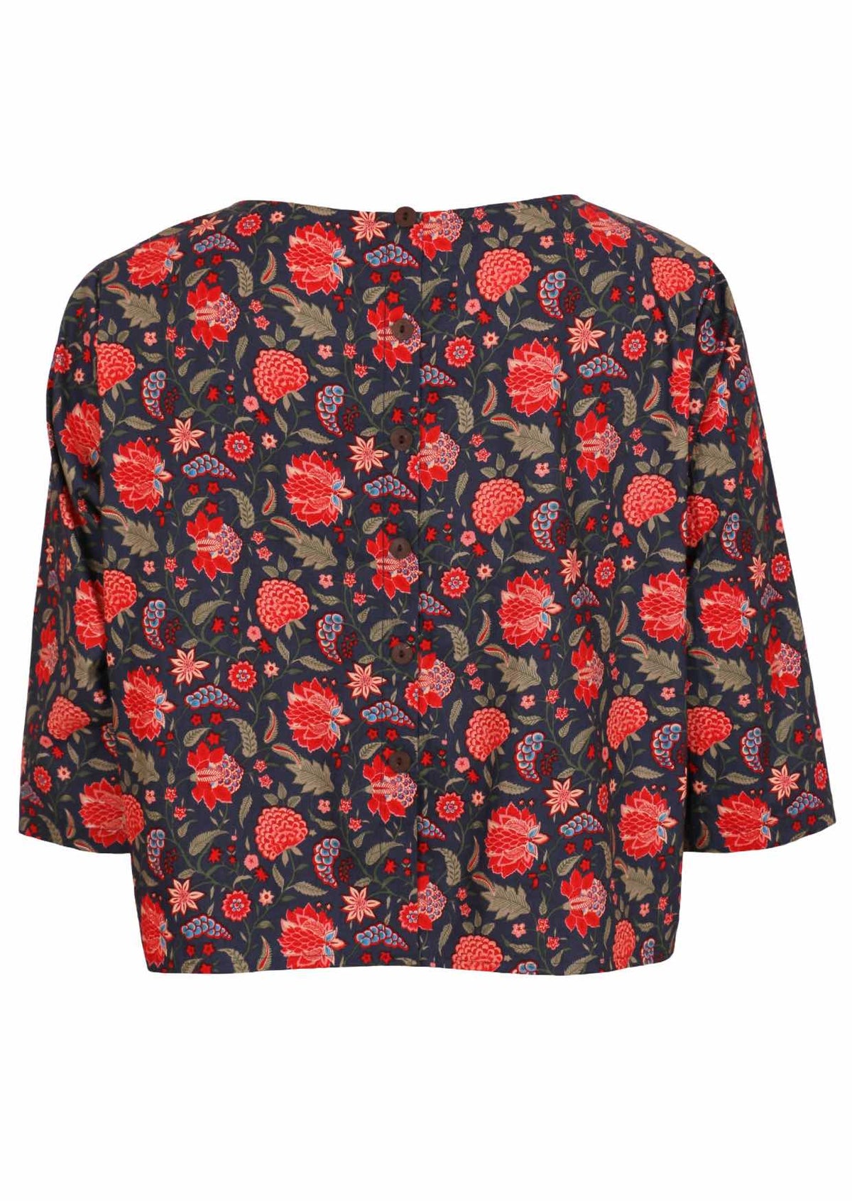 Back of cotton relaxed fit 3/4 sleeve top with decorative buttons, in a red and green floral print on a blue base 