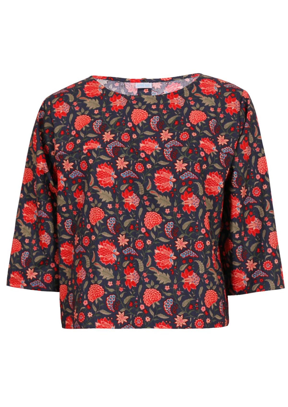 3/4 sleeve cotton boxy top with a high round neckline in floral print on a blue base