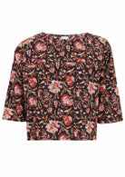 100% cotton 3/4 sleeve boxy top with Indian traditional print florals on black base.
