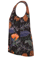Side view of 100 percent cotton sleeveless top with high round neckline and button close at nape of neck