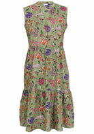 Green based multi-coloured folk art style florals cotton dress with pockets.