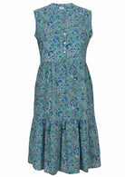 Sleeveless tiered cotton dress with buttoned bodice, in blue and grey floral print on an aqua base