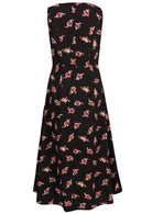 Back view of a sleeveless cotton maxi dress with floral clusters on a black base