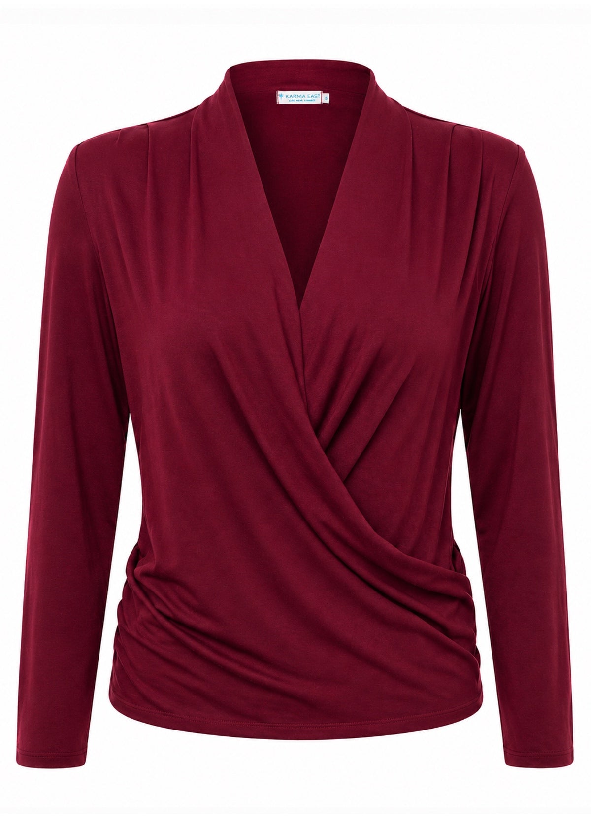 Maroon soft stretch rayon long sleeve false wrap front top