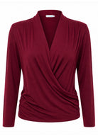 Maroon soft stretch rayon long sleeve false wrap front top