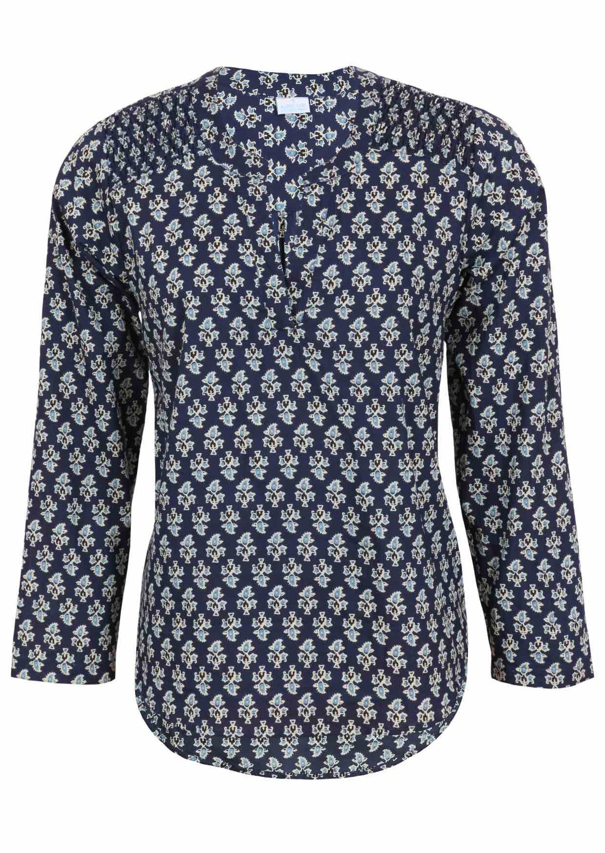 Lightweight 100% cotton long sleeve top with navy blue based floral print.