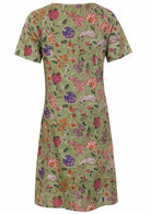 Green based multi coloured folk art style florals cotton dress with short sleeves.