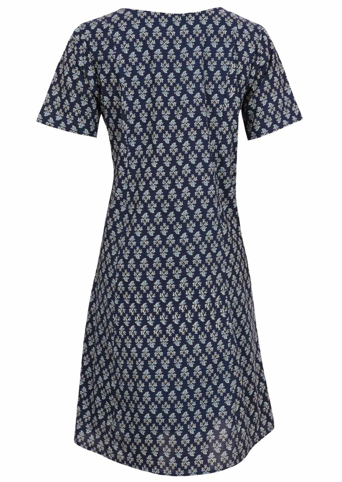 Back view of cotton dress with round neckline in navy blue based floral print. 