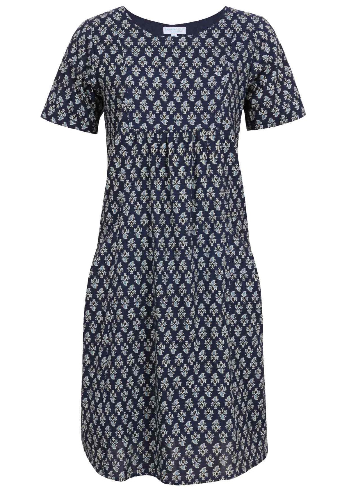 Front view of cotton dress with round neckline in navy blue based floral print