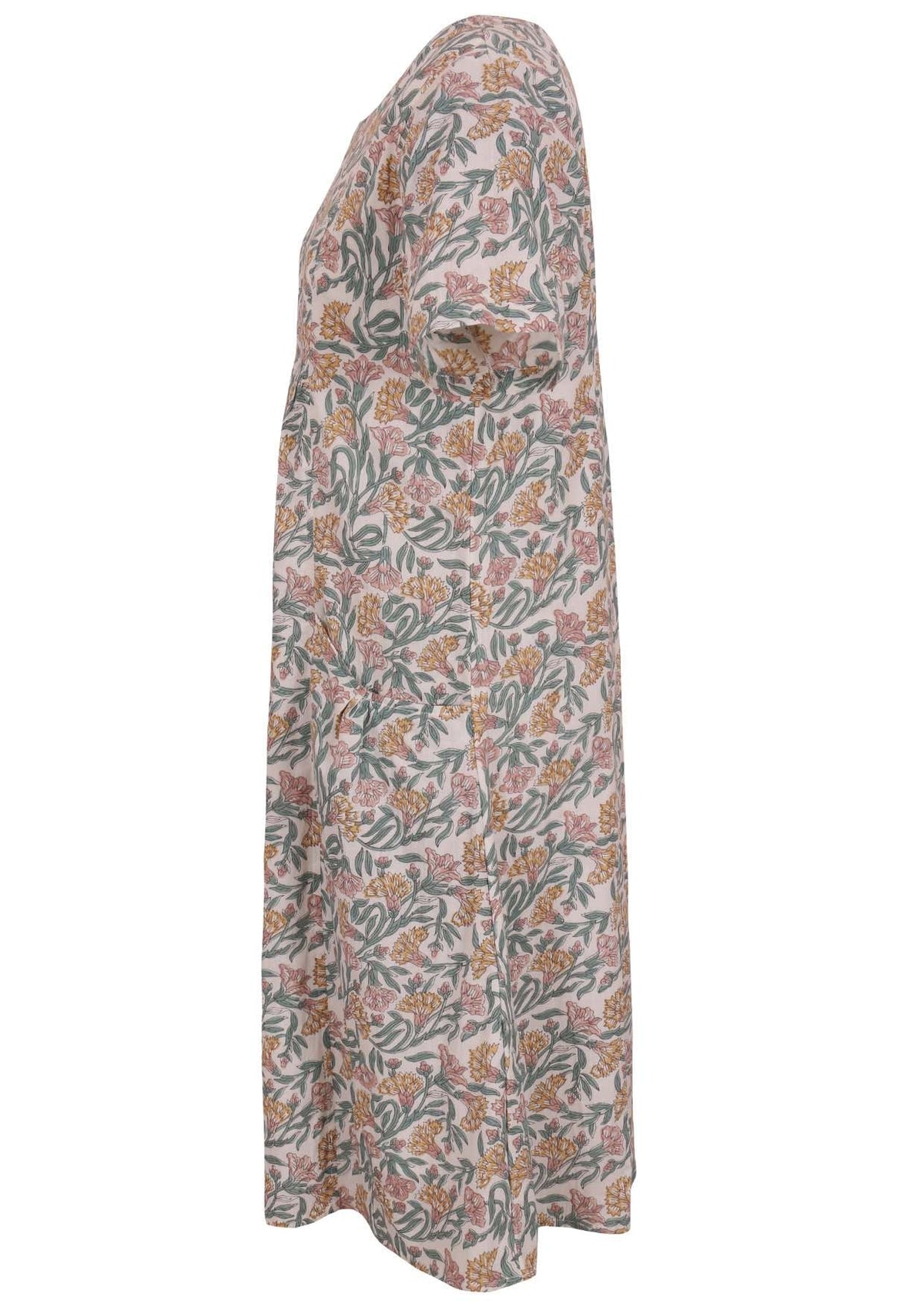 Side view of cotton dress with round neckline and short sleeves in white based floral print. 