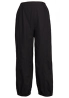 100% cotton high waisted wide leg pants in plain black with elastic either side of waist, pockets and pleated ankles