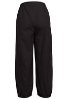 Back view of 100% cotton tapered wide leg pants with elastic waist and pockets