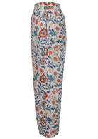 Side view of floral print wide leg cotton pants with pleated ankles, high elastic waist and pockets ghost mannequin image
