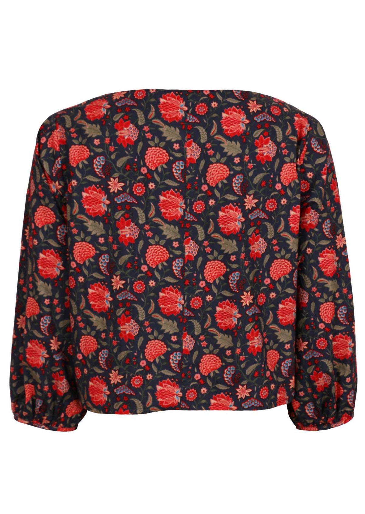Cotton long sleeve top with boat neckline and bishop sleeves, in red and green floral print on a blue base
