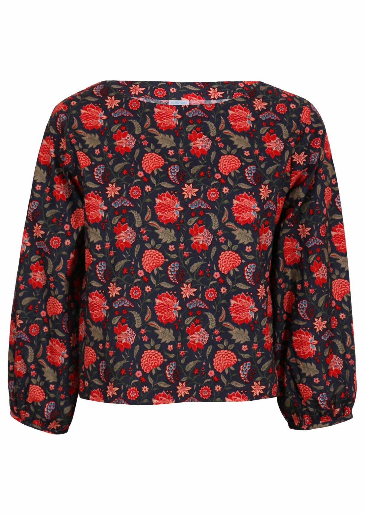 Cotton long sleeve top with bishop sleeves in red and green floral print on a navy base