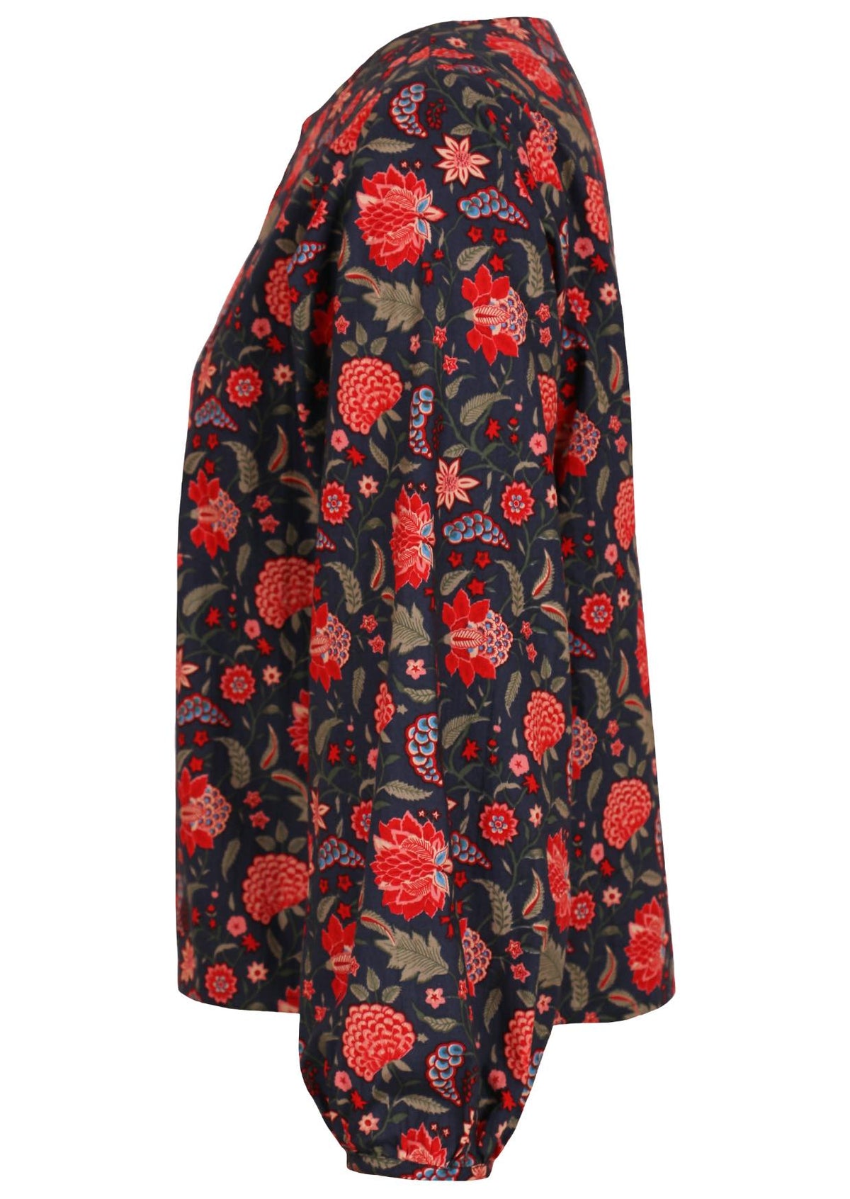 Cotton long sleeve top with boat neckline and bishop sleeves, in floral print on a blue base
