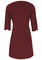 Back view of cabernet red cotton corduroy women's dress with 3/4 sleeves with cuff details