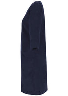 Side view of cotton corduroy dress with 3/4 sleeves, pockets and side zip