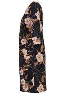 Black based floral print cotton knee length dress with 3/4 sleeves and pockets