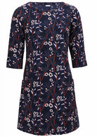 3/4 sleeve, round neck corduroy above knee length dress in retro floral print, with pockets