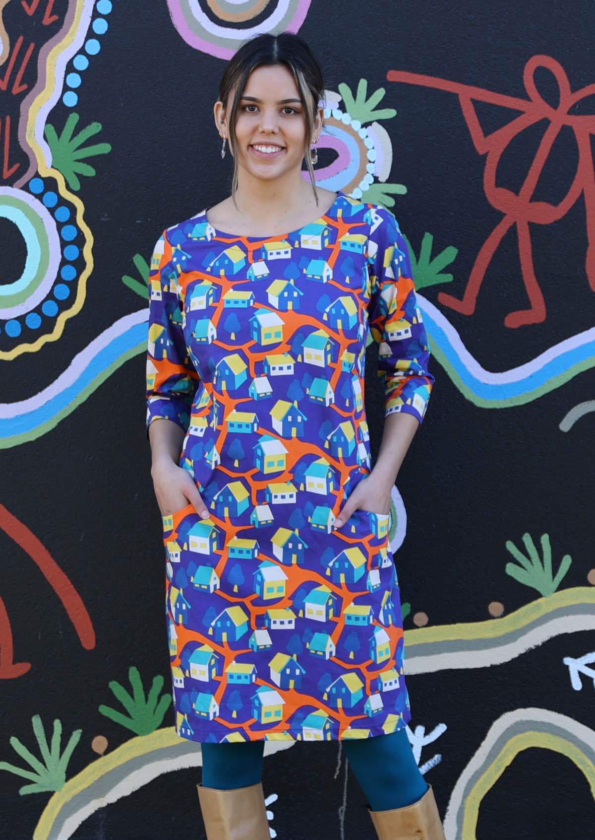 Model in Jamie Dress round neck 3/4 sleeve pockets  cotton house print