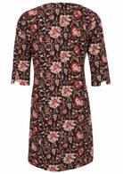 Black based floral print cotton knee length dress with 3/4 sleeves with detailed cuff and pockets