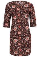Black based floral print cotton knee length dress with 3/4 sleeves, round neckline and pockets