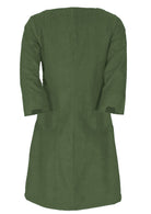 Back  photo of green corduroy A-line dress with 3/4 sleeves with detailed cuff