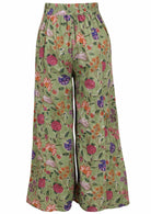 Green based multi-coloured floral print cotton pant with elasticated back waistband.