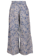 White based blue floral print cotton pant with elasticised back waistband.