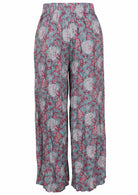 Blue based pink and white floral print rayon pant with elasticated back waistband.