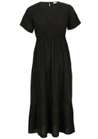 Black rayon maxi dress with short sleeves, a V-neckline, and a tiered skirt