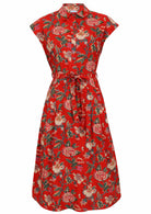 Red based floral print cotton dress with removable waist tie.