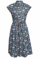 100% cotton midi length dusty blue based floral dress with collar, cap sleeves, buttoned bodice and a fabric waist tie
