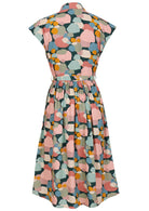 Pink, green, blue and mustard spotty print buttoned bodice dress with small gathers in the centre back