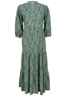 100% sage green based floral three tiered flowy maxi dress with buttoned bodice, 3/4 sleeves and mandarin collar 