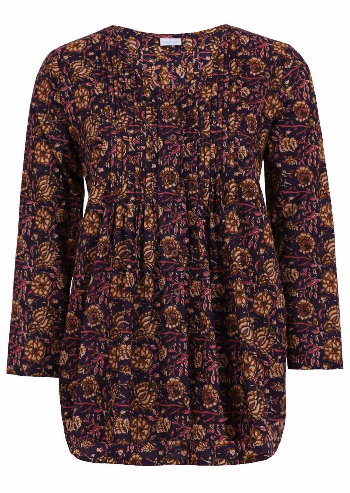  100% cotton long sleeve button through top with small pin tucks across chest in delicate floral print.