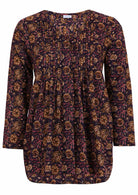  100% cotton long sleeve button through top with small pin tucks across chest in delicate floral print.