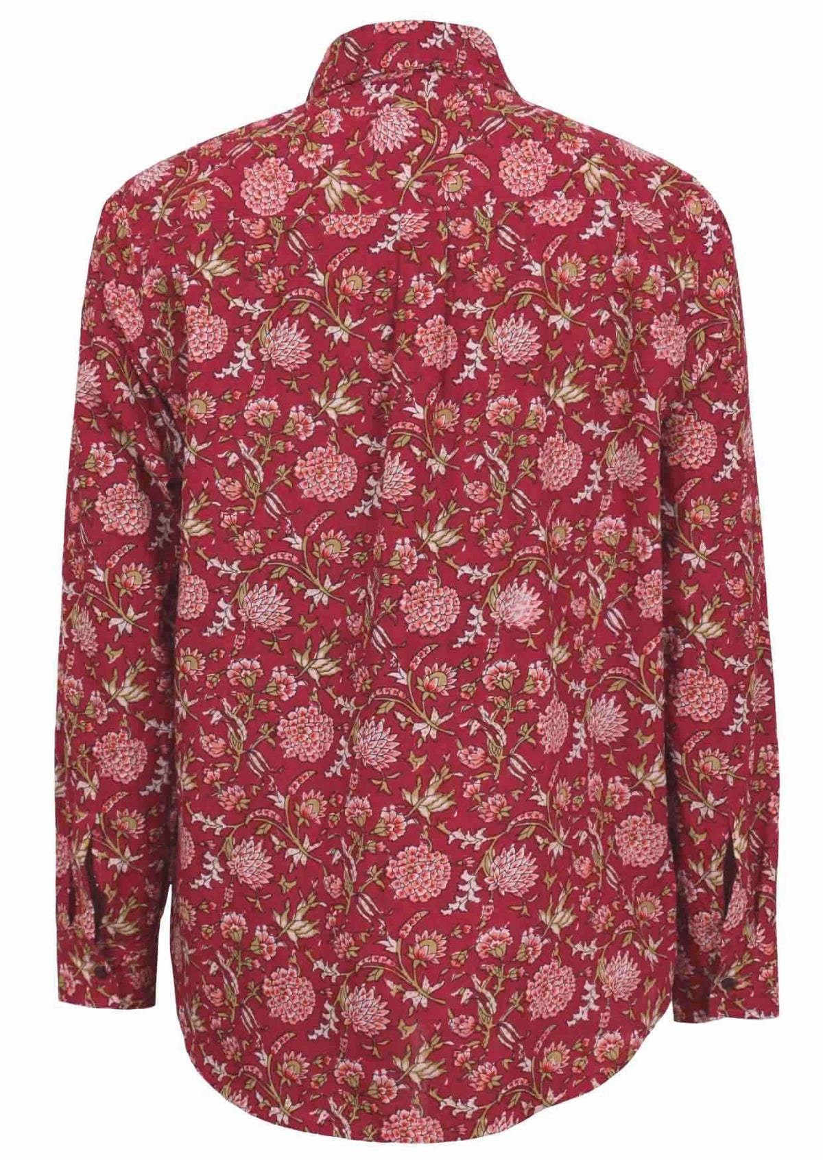 Long sleeve cotton shirt with central box pleat in centre back and coconut buttons at cuffs