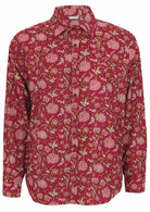 Long sleeve button through floral print shirt with coconut buttons, one breast pocket and collar
