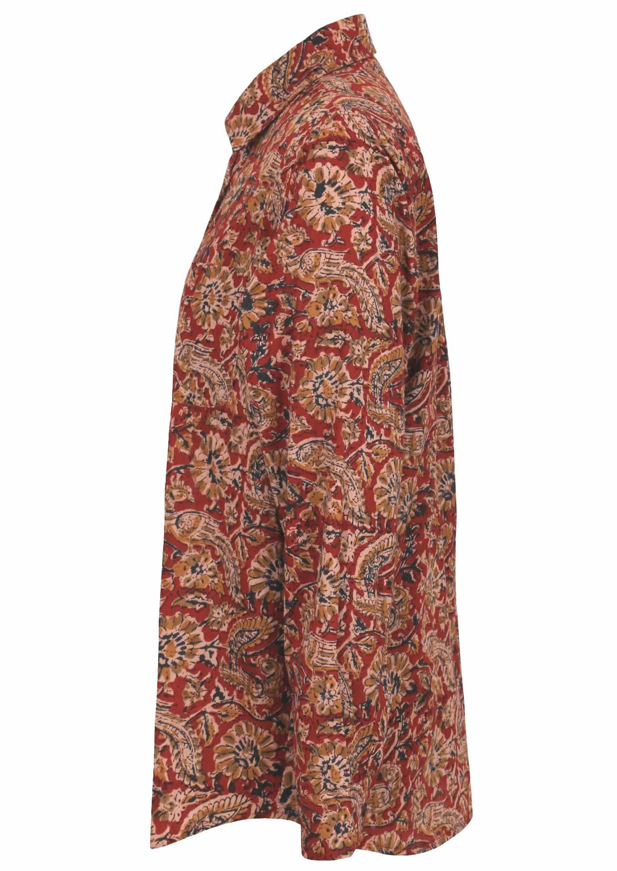 Cotton long sleeve collared shirt with coconut buttons in Indian floral print on a rust base