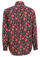 Long sleeve men's shirt with red flowers and green leaves on a blue base, with box pleat in the centre back