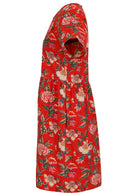 Side view of loose fitting cotton dress in Red with short sleeves and hidden side pockets 