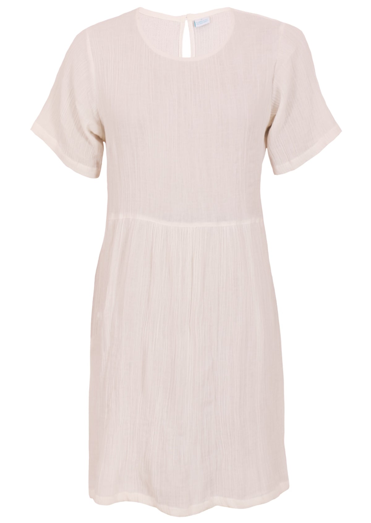 Front mannequin photo of natural white double cotton short sleeve relaxed fit dress with side pockets