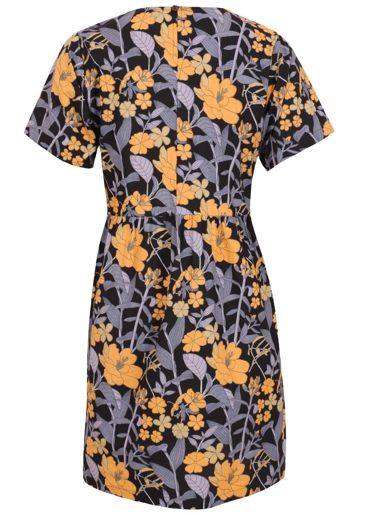 Back view of cotton short sleeved dress with blue-grey and yellow flowers on a black base, with button at nape of neck