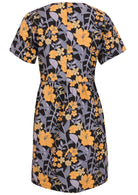 Back view of cotton short sleeved dress with blue-grey and yellow flowers on a black base, with button at nape of neck