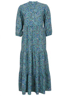 Cotton three tiered maxi dress with 3/4 sleeves and buttoned bodice in aqua blue based indian floral print.